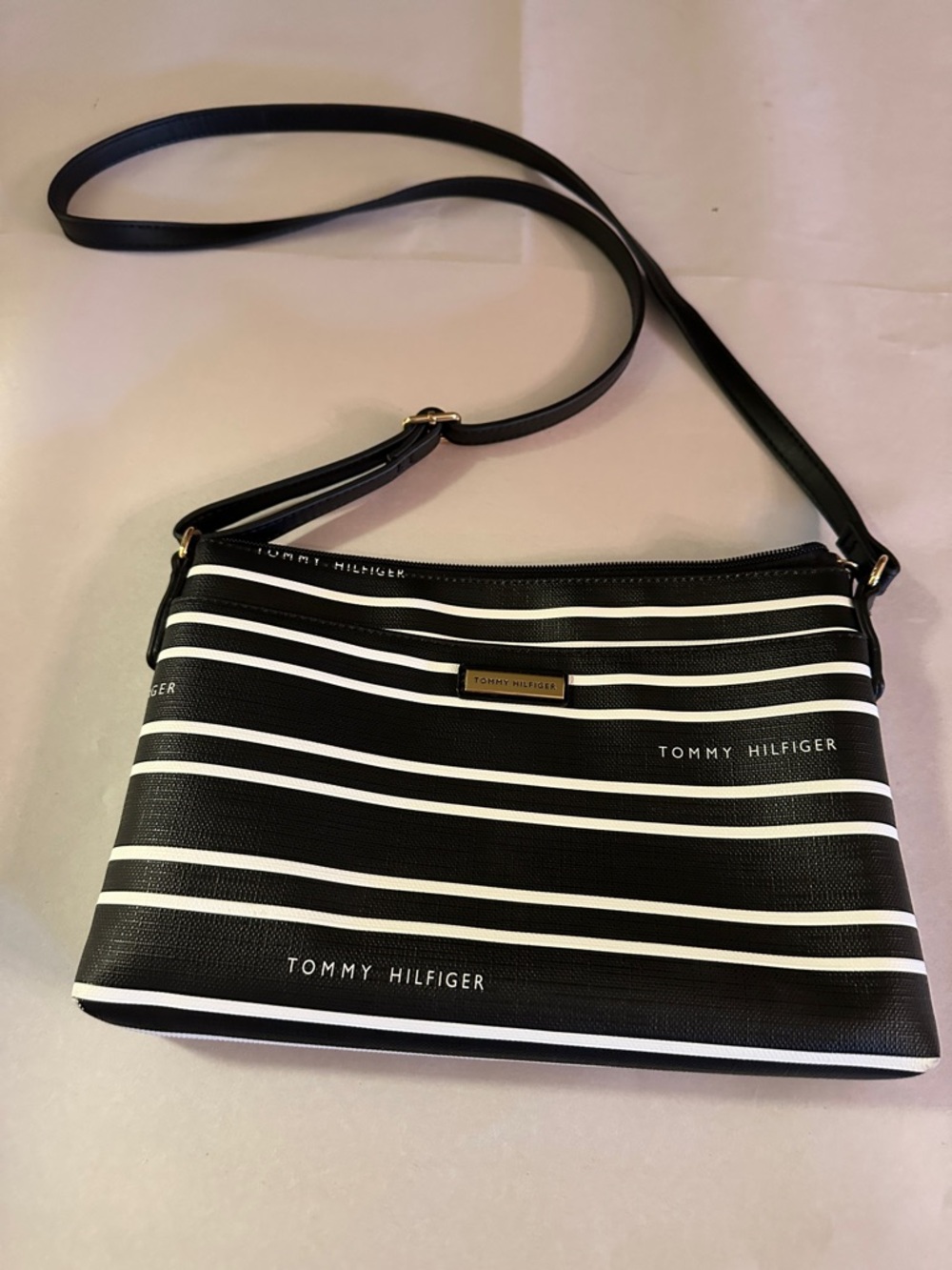 Tommy Hilfiger Black and White Striped Crossbody Purse
